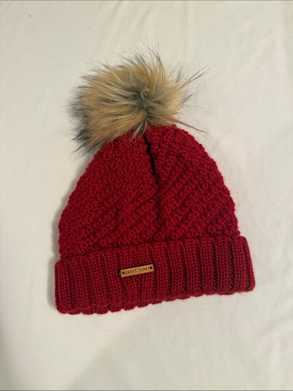 Scarlet Knit Pom Beanie with Faux Fur Pom